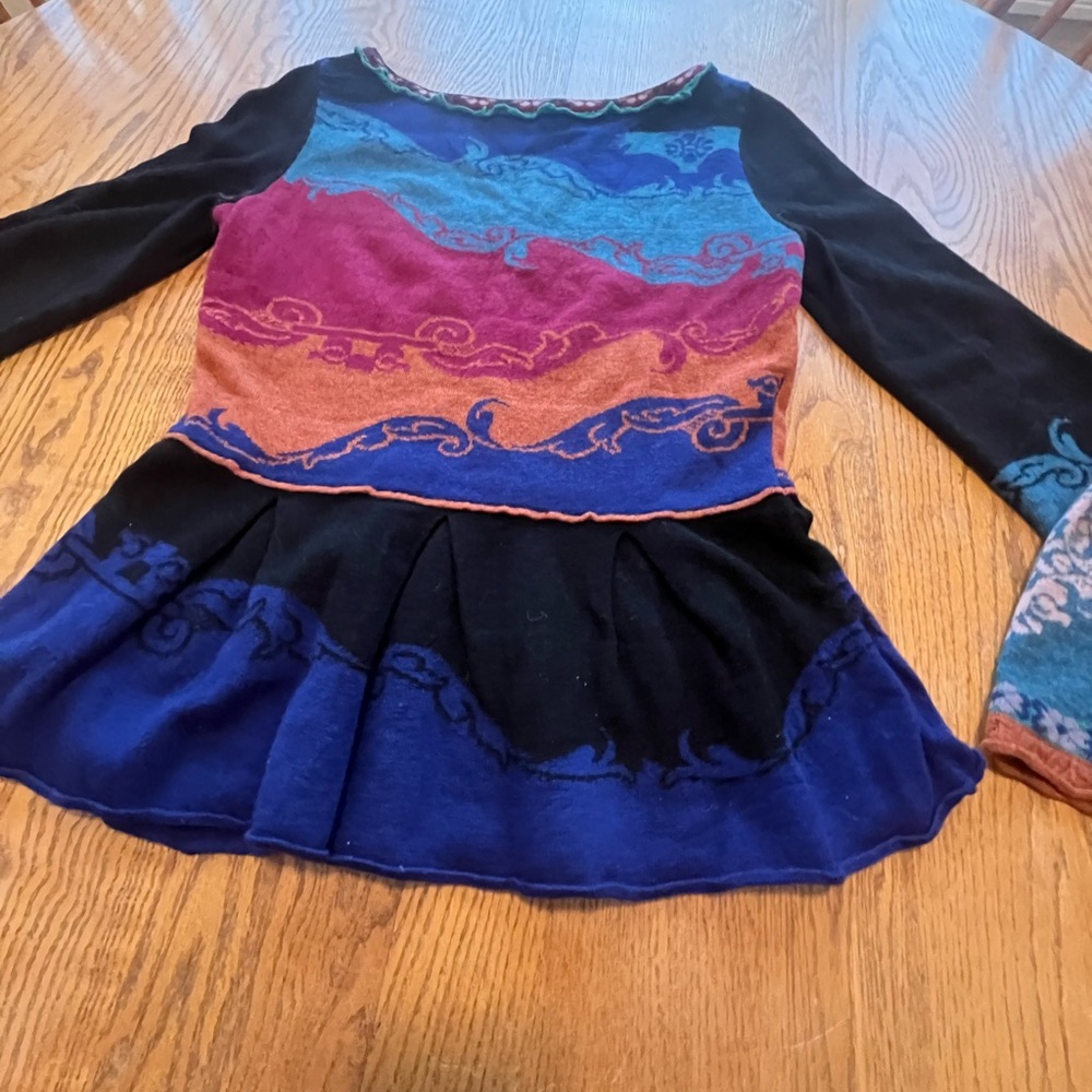 Boutique Multi Colored Black Blue Teal Wool Peplum Sweater M Missing tag - Picture 8 of 8